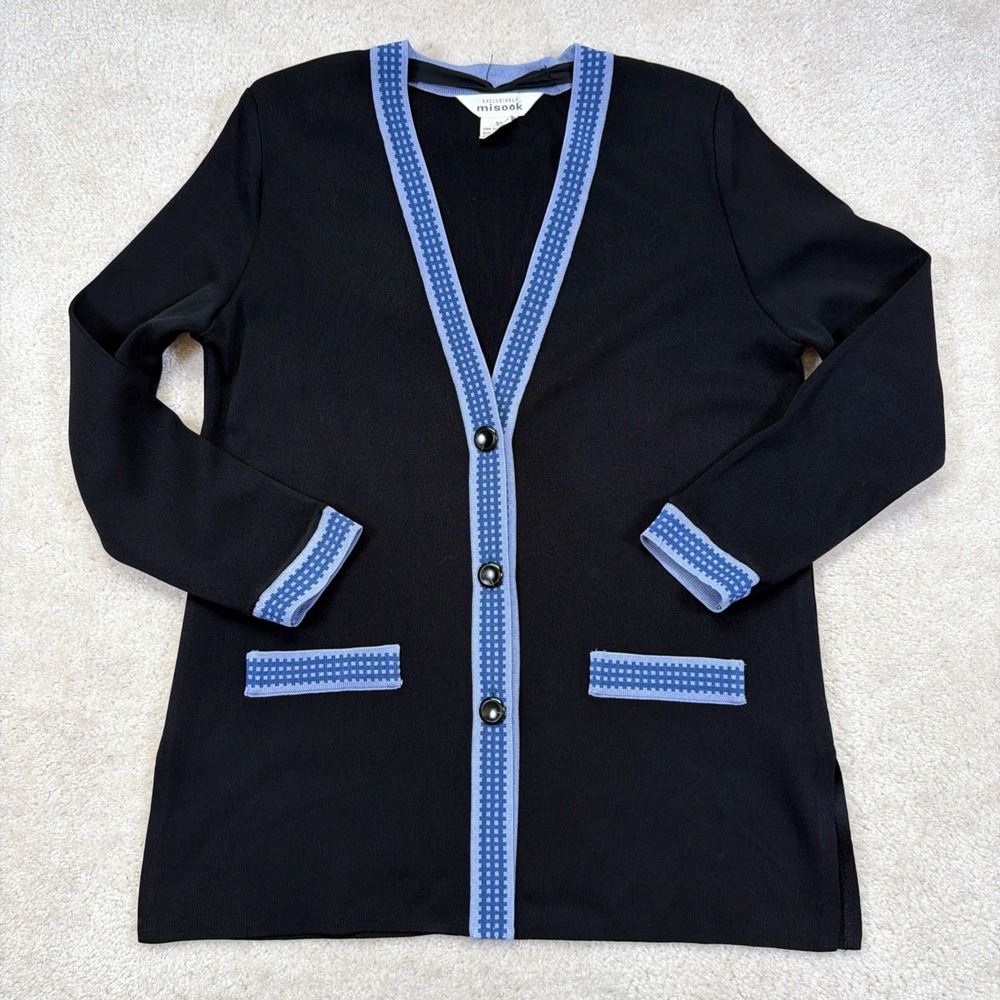 Exclusively Misook Cardigan Sweater Women's Size XS Black & Royal Blue Long